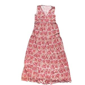 Garnet Hill Sleeveless Red Pink Paisley Tiered Maxi Dress Empire Waist Boho XS
